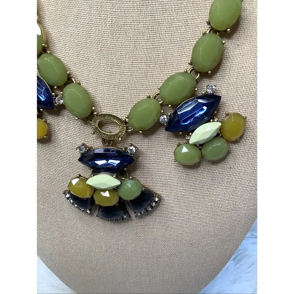 J Crew Gold Tone Green Jade Blue Crystal Statement Bib Necklace Boho Y2K F10-11